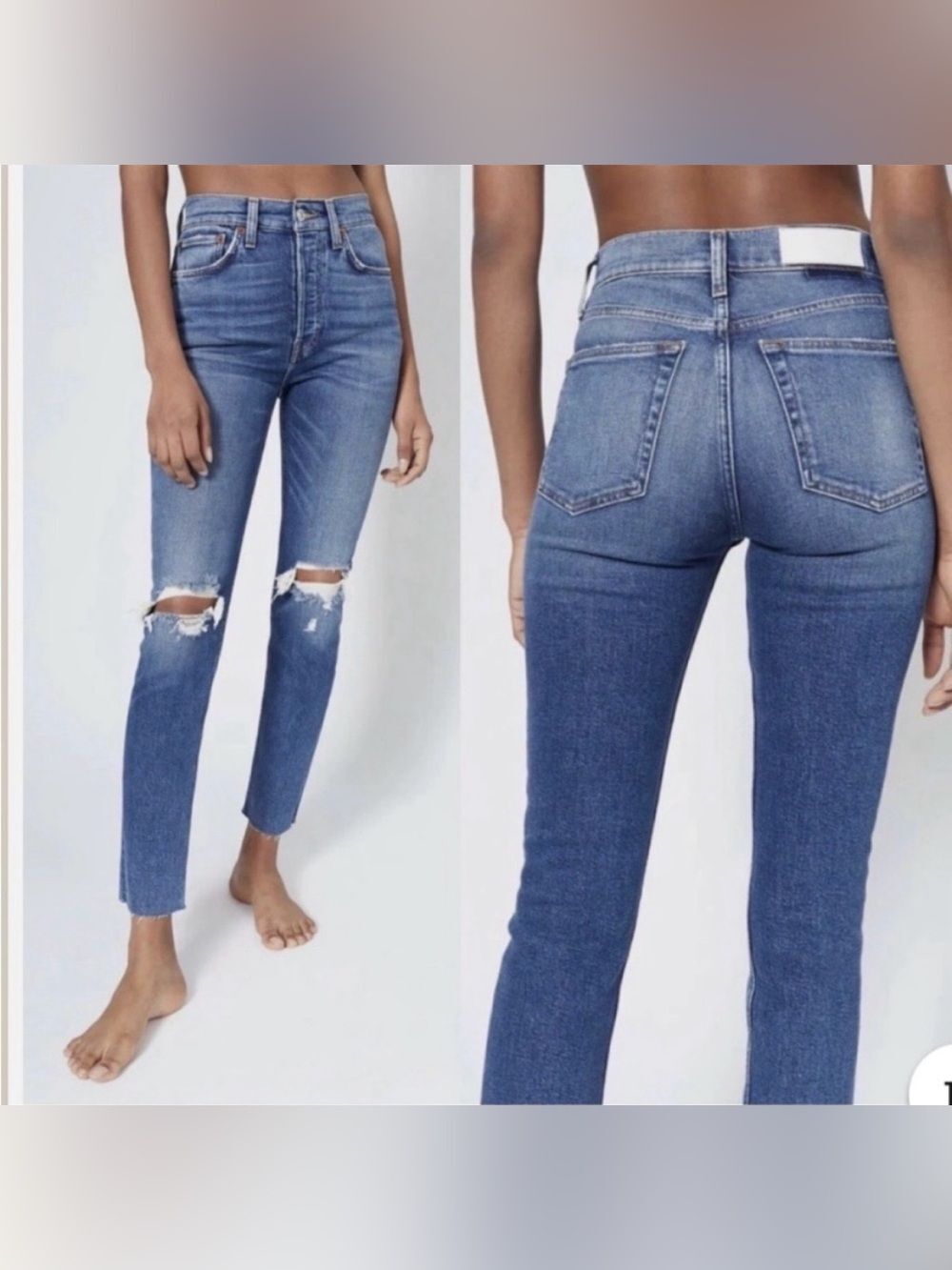 Re/Done High-Rise Ankle Crop, ripped Straight Jeans; Size 25